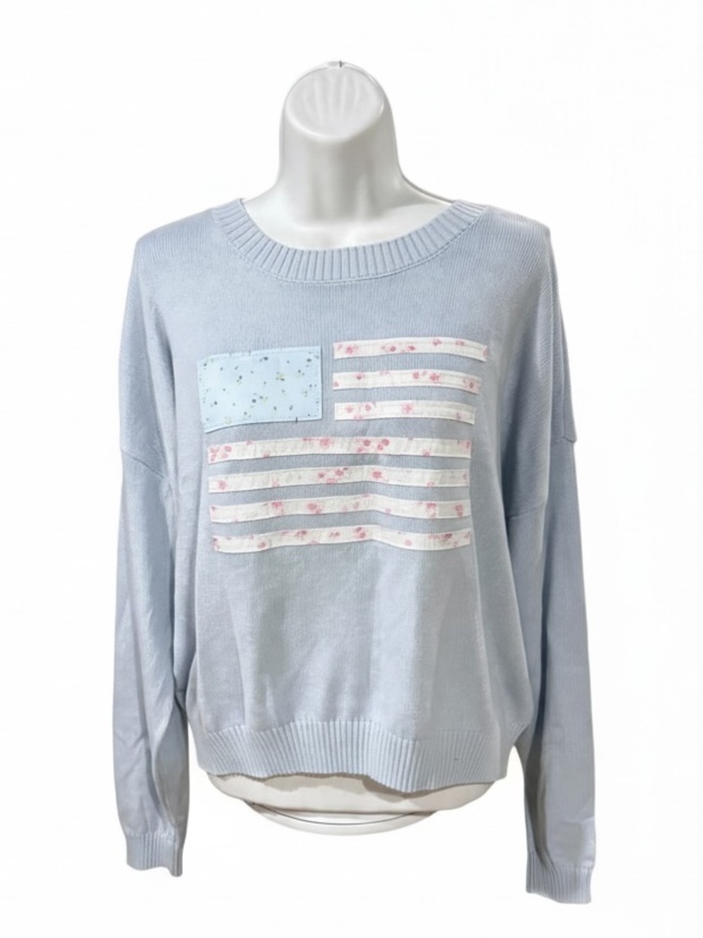 Aeropostale Light Blue Floral Patchwork Flag Crewneck Sweater NWT Sz Large